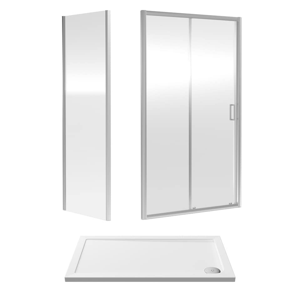 image 1 of Balterley Sliding Shower Suite with Safety Glass Door, Side Panel & Tray in | Silver | Chrome | 3