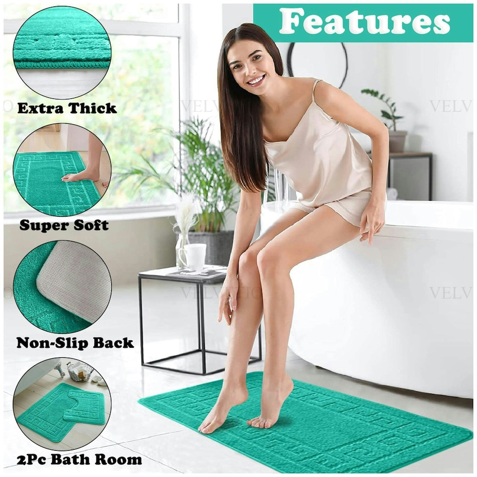 image 1 of VELVETIO Greek Bath Mat & Pedestal Mat Water Absorbent Non Slip Toilet Rugs Blue | Teal