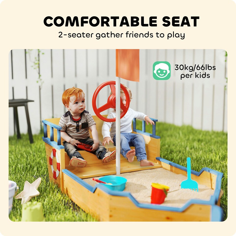 image 1 of Outsunny Kids Wooden Sandbox Pirate Ship Sandboat w/ Bench Seat Storage Space