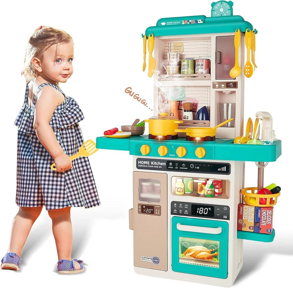 image 1 of Green Kids Role Play Kitchen Set with Realistic Lights Sounds Steam Spray Features and Kitchen Accessories