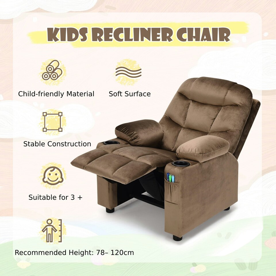image 1 of COSTWAY Kids Recliner Chair Velvet Adjustable Sofa Chair Coffee Brown