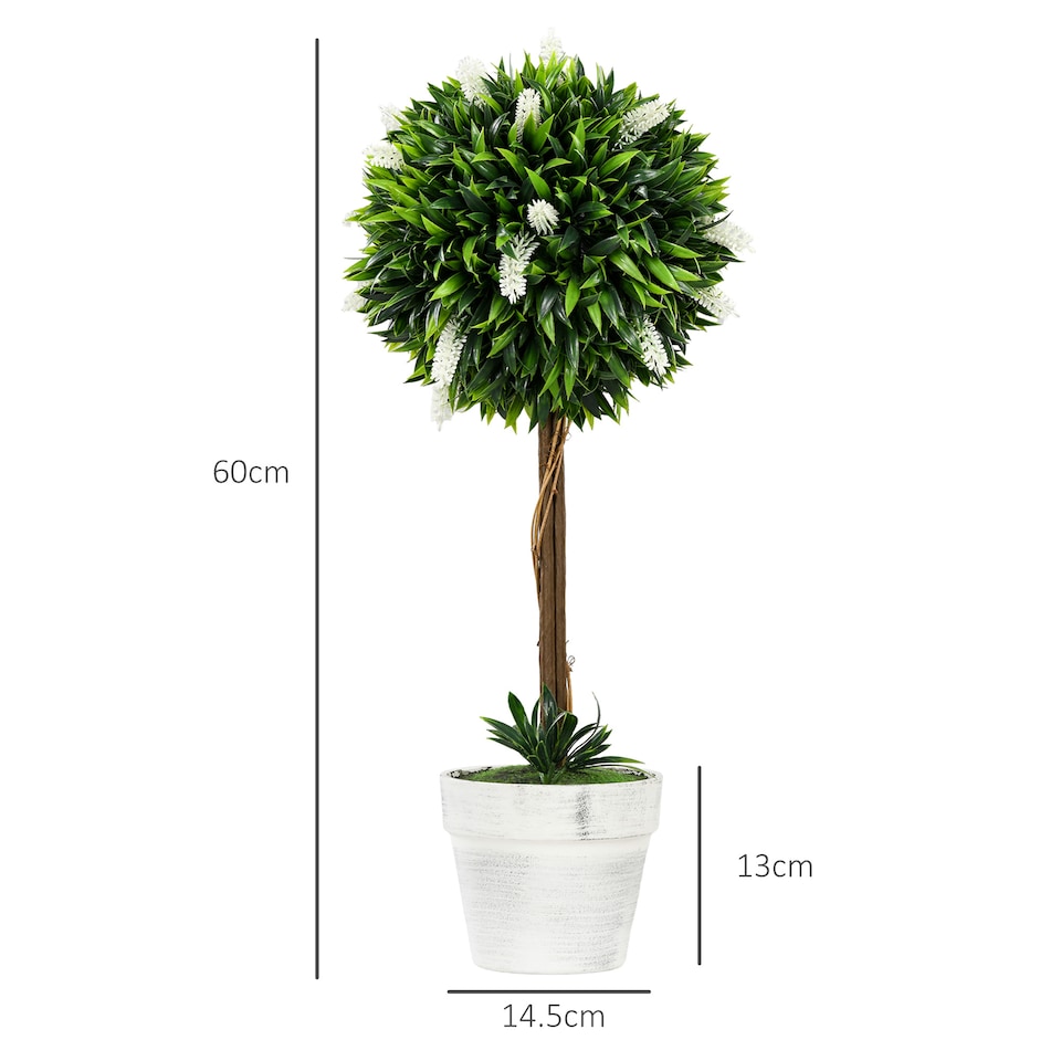 image 1 of HOMCOM Set of 2 Decorative Artificial Plants Ball Trees with Lavender Flowers in Pot Fake Plants for Home Indoor Outdoor Decor, 60cm, White