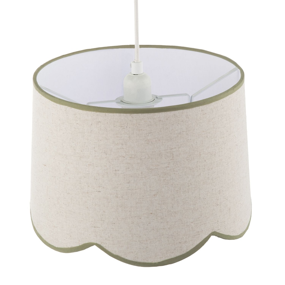 image 1 of Natural Oatmeal Textured Linen Scallop Lamp Shade with Olive Trims | Green | Olive Green | 1