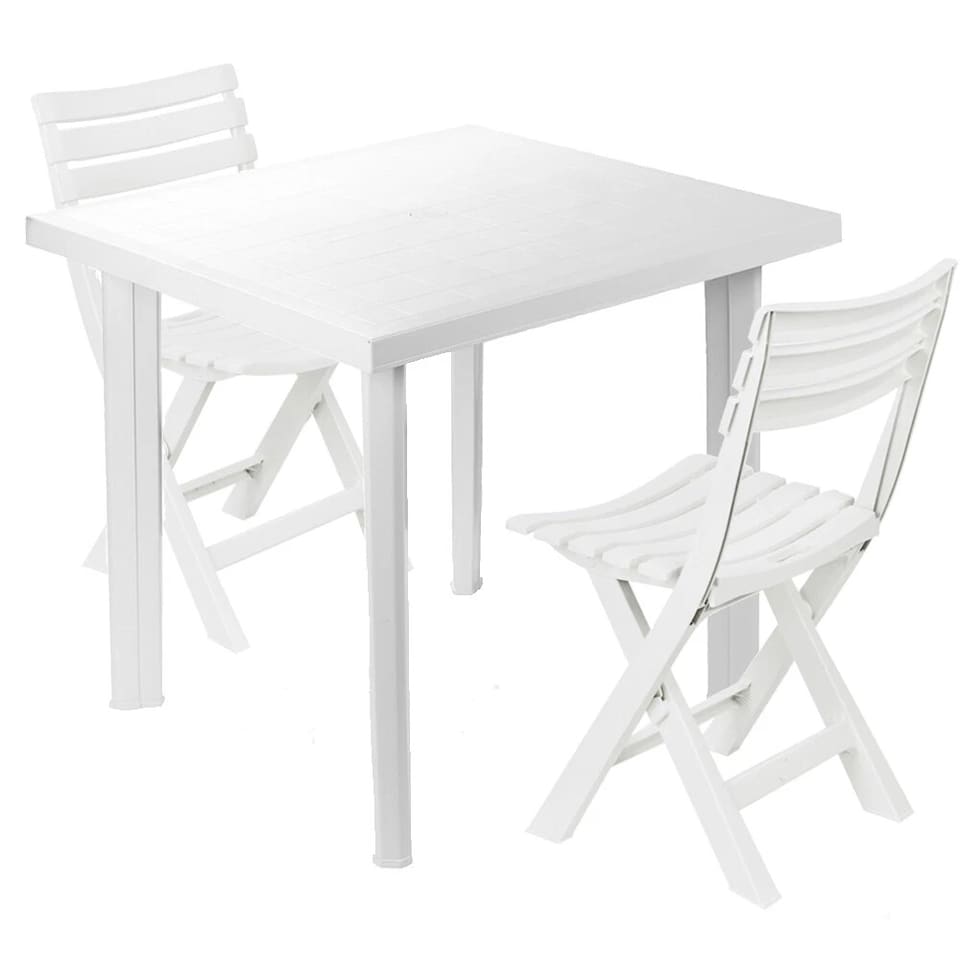 image 1 of White Plastic Garden Dining Table with Chairs Set Patio Deck Outdoor Furniture | White | White | 3 Piece Set