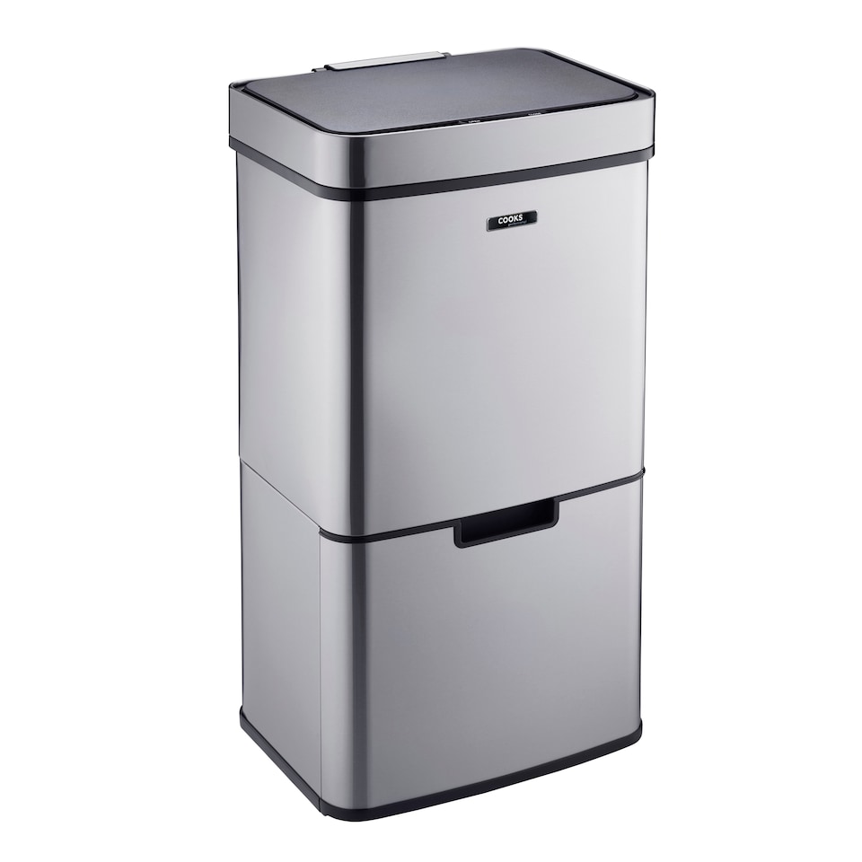 image 1 of Cooks Professional Recycling Sensor Bin 75L with Dual Compartments & Food Caddy | Silver | Silver