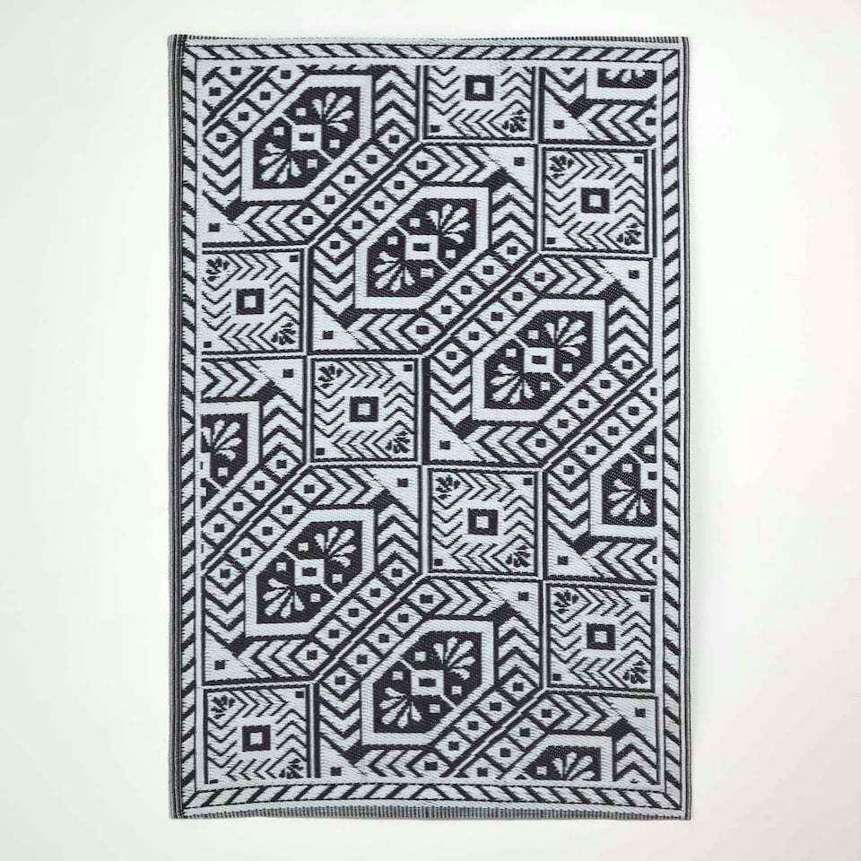 image 1 of Homescapes Outdoor Rug Luxury Waterproof Reversible, For Garden, Geometric Aztec | Black | Black and White