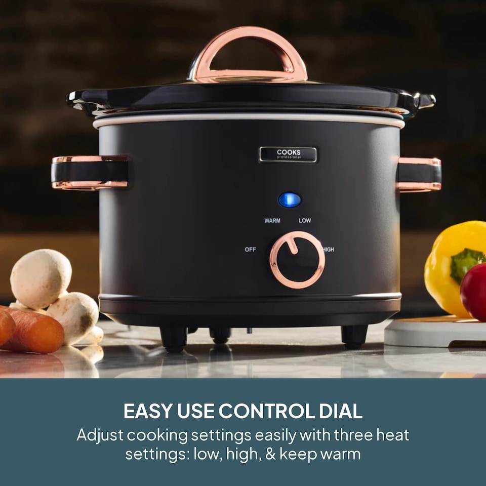image 1 of Cooks Professional 2.5L Slow Cooker with Lid & Removable Bowl & 3 Heat Settings | Black | Black & Copper