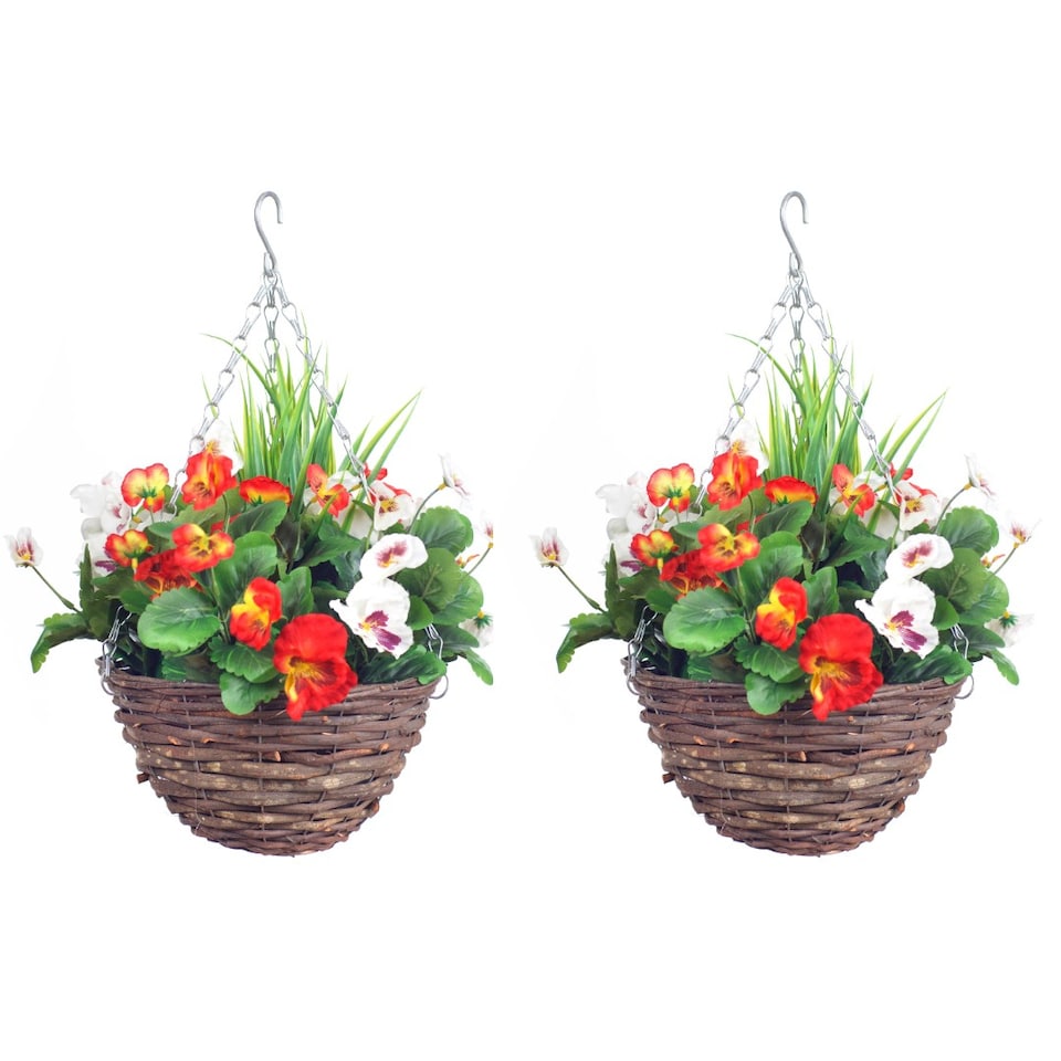 image 1 of Pair of 30cm 10 Inch Flame Red & White Pansy Flower with Rattan Wicker Hanging Baskets for Indoor Outdoor Garden Use | Red | Flame Red & White | 1