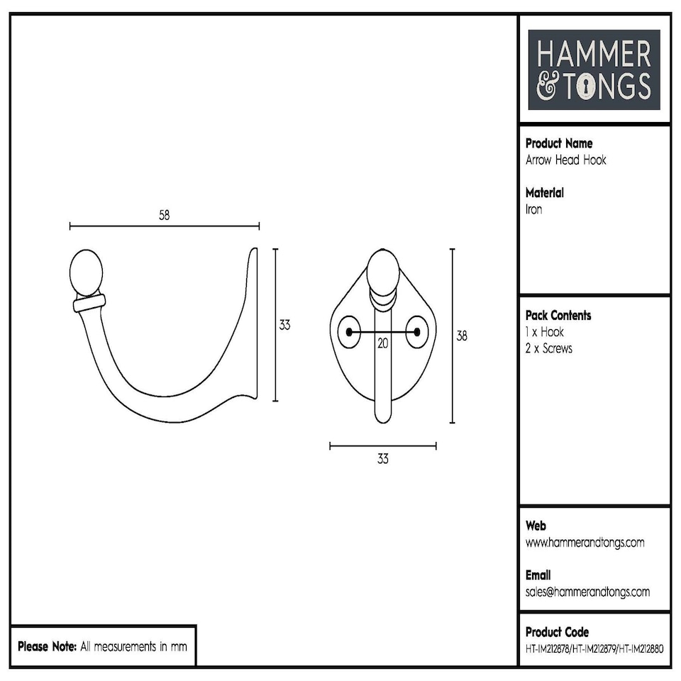 image 1 of Hammer & Tongs Arrow Head Hook - W35mm x H40mm - Brass