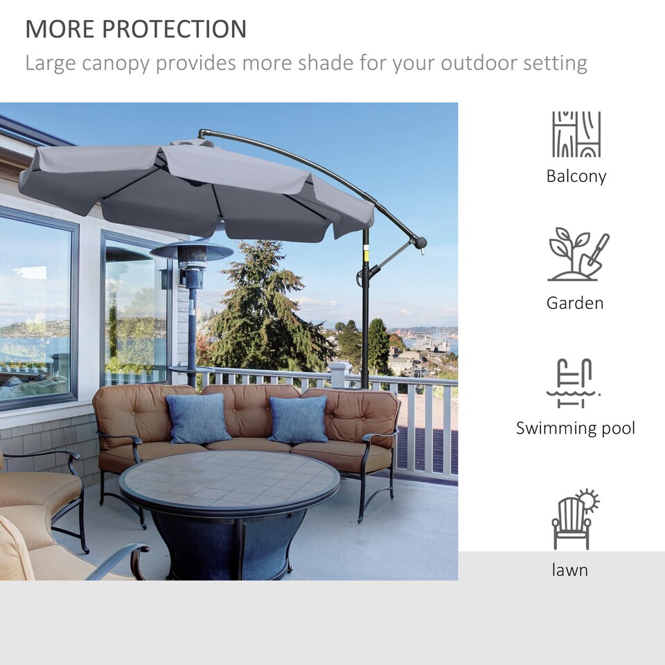 image 1 of Outsunny 2.7m Garden Banana Parasol Cantilever Umbrella with Crank Handle and Cross Base for Outdoor, Hanging Sun Shade, Dark Grey