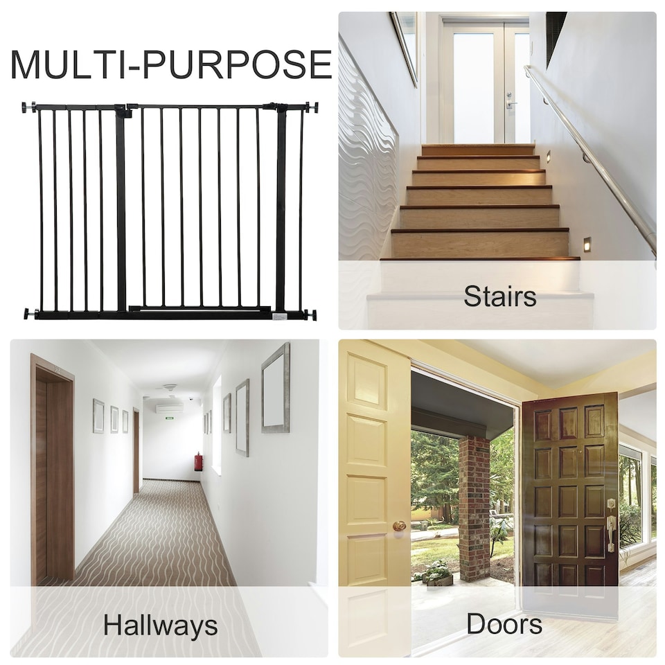 image 1 of PawHut Pressure Fitted Pet Dog Safety Gate Metal Fence, Black