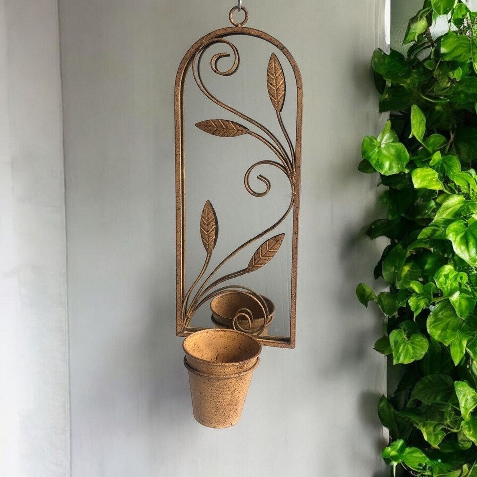 image 1 of Wall Mirror with Planter - Metal - L15 x W20 x H56 cm - Rusty