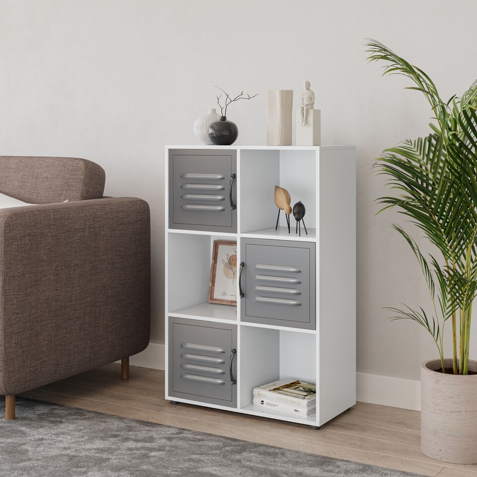 image 1 of 6-Cube Shelving Unit With Metal Doors | White | White & Grey | 1
