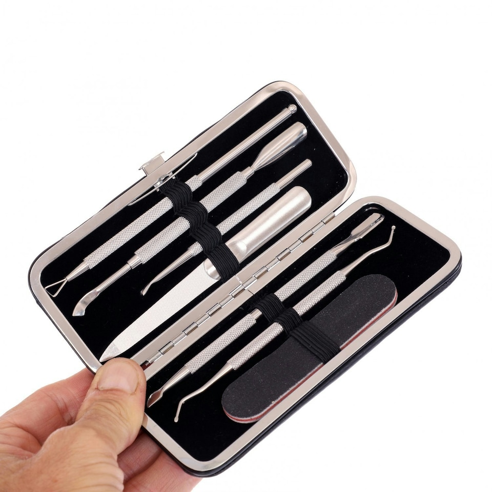 image 1 of Oypla 5pc Stainless Steel Nail Cuticle Pusher Polish Remover Tool Set Black