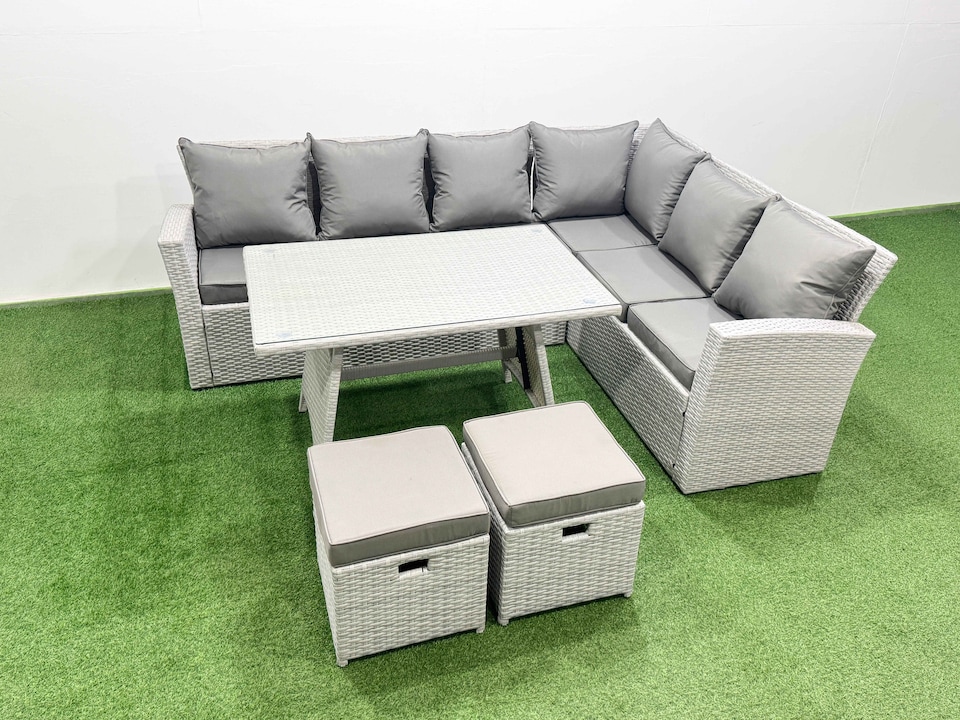 image 1 of Fimous 8 Seater Garden Outdoor Rattan Furniture Set Rattan Corner Sofa Oblong Dining Table Set with 2 Small Footstools Light Grey Mixed