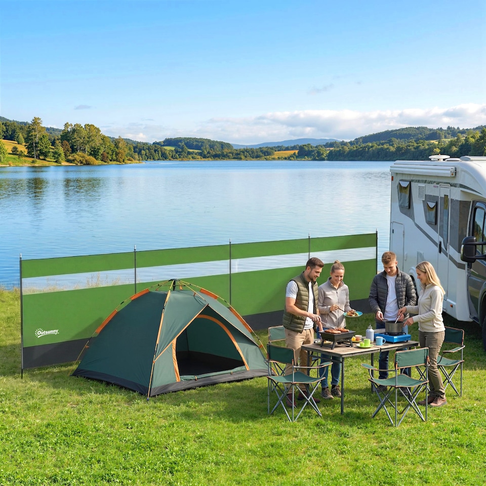image 1 of Outsunny Camping Windbreaks with Clear Windows, 725 x 140cm | Green | Army Green | 725 x 140 cm