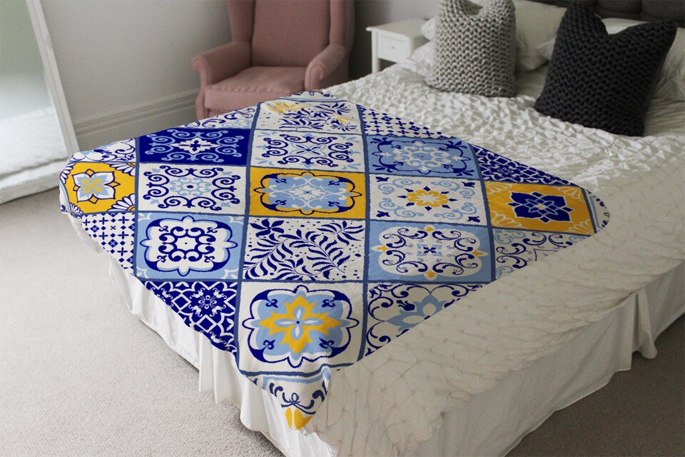 image 1 of Turkish Style Azulejos Tiles Blanket | Multi