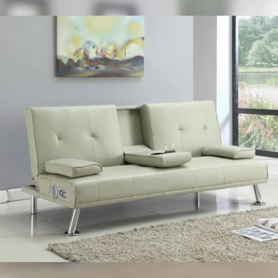 image 1 of Bluetooth Cinema Faux Leather Clic Clac Luxury Sofa Bed with Drink Cup Holder In Cream