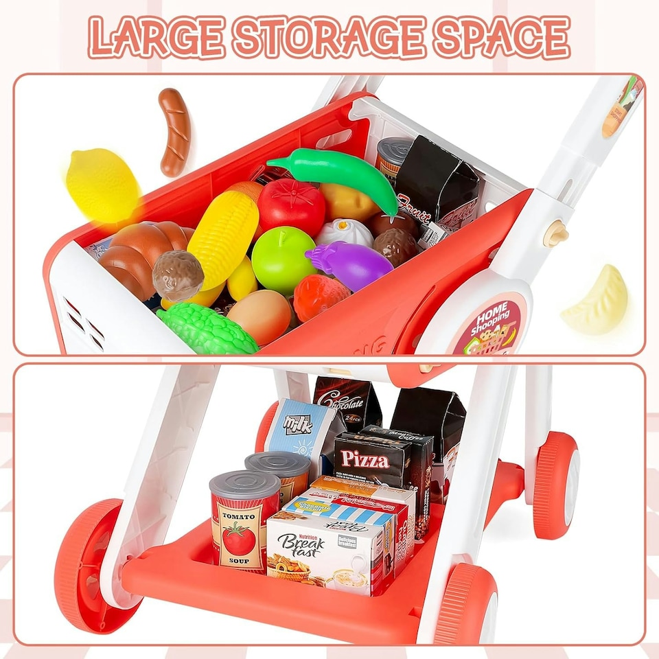 image 1 of Kids Shopping Cart Trolley Play Set – Adjustable Height, Pretend Food, Play Money & Shopping Bag – Supermarket Toy for Boys & Girls Ages 3+