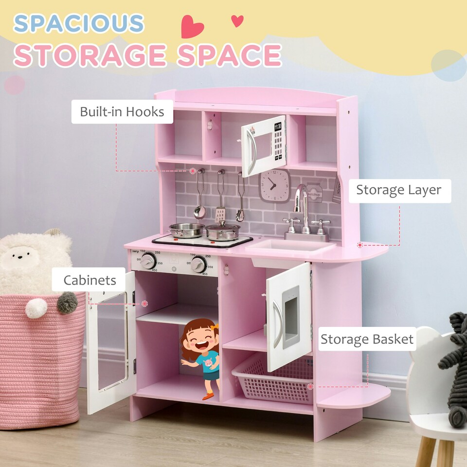 image 1 of HOMCOM Kitchen Set for Kids W/ Lights Sounds, Microwave, Sink, for Aged 3-6