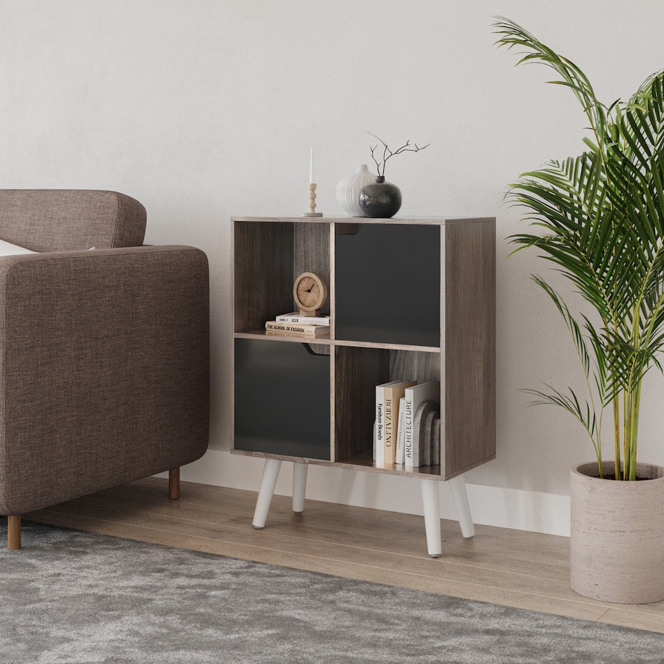 image 1 of Anthracite Oak 4-Cube Storage Unit with 2 Wooden Doors and Legs | Black | Black & White | 1