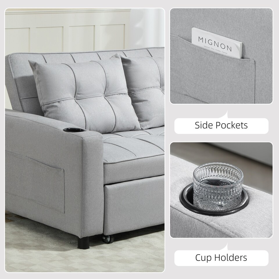 image 1 of HOMCOM 2 Seater Sofa Bed, Linen Click Clack Sleeper Sofa with Pull Out Design, 2 Pillows, Cup Holders, Side Pockets, Convertible Loveseat Bed Settee for Living Room, 157x190cm, Light Grey | Grey