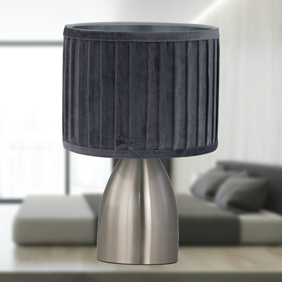 image 1 of First Choice Lighting Set of 2 Valentina Brushed Chrome Touch Lamps with Grey Pleated Velvet Shades Silver | Grey