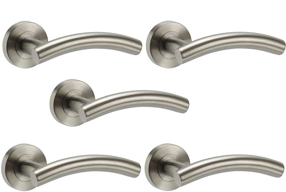 image 1 of Golden Grace 5 Pairs Arched T-Bar Door Handles in Brushed Steel Finish with Spindle and Fixings | Silver | 5 Pairs