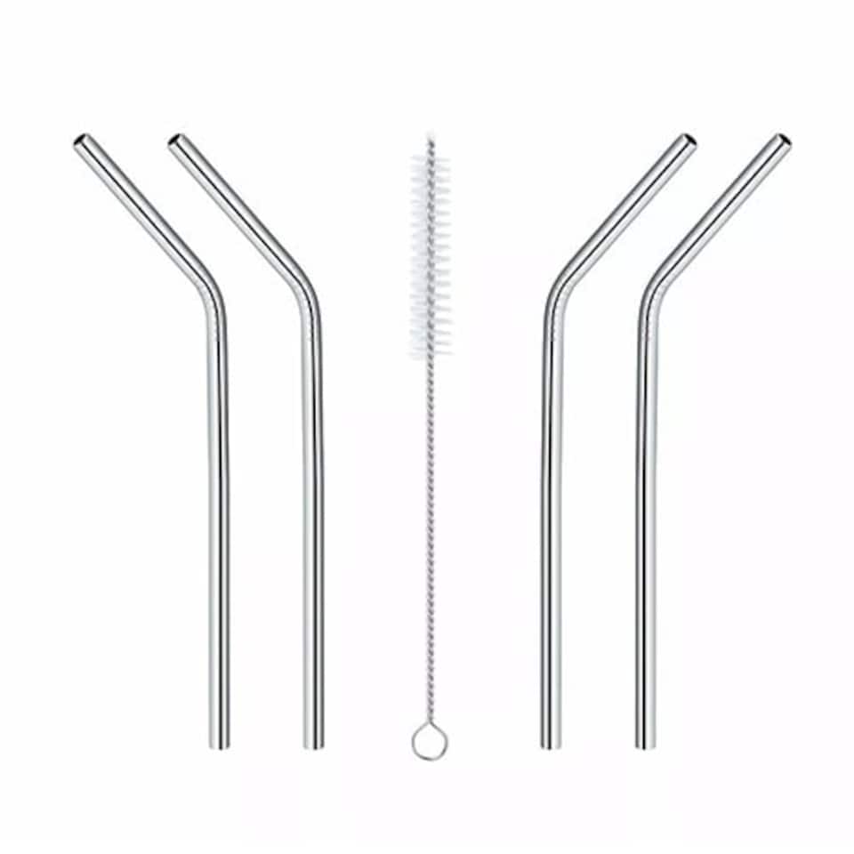 image 1 of Stainless Steel Reusable Drinking Straws with Cleaning Brush - Pack of 4
