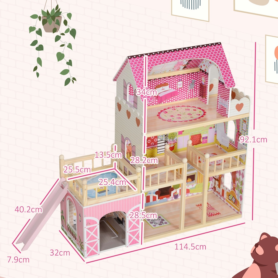 image 1 of AIYAPLAY Dolls House with 13 Wooden Furniture Pieces, for Ages 3-6 Years