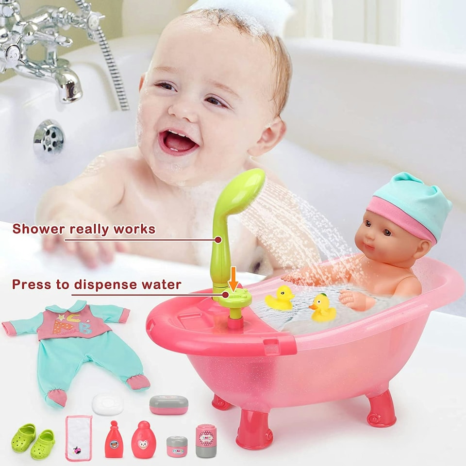 image 1 of 14" Baby Doll Play Set with 25 Pieces – Includes High Chair, Bath, Crib, Feeding Accessories and Portable Carrier