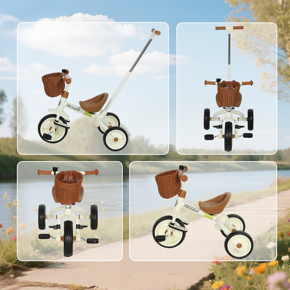 image 1 of AIYAPLAY Kids Tricycle for 2-5 Years Old, 2-In-1 Toddler Trike with Adjustable Parent Handle, Pedals, Footrests, Storage Basket, 3 Wheel Bike for Boys and Girls | White