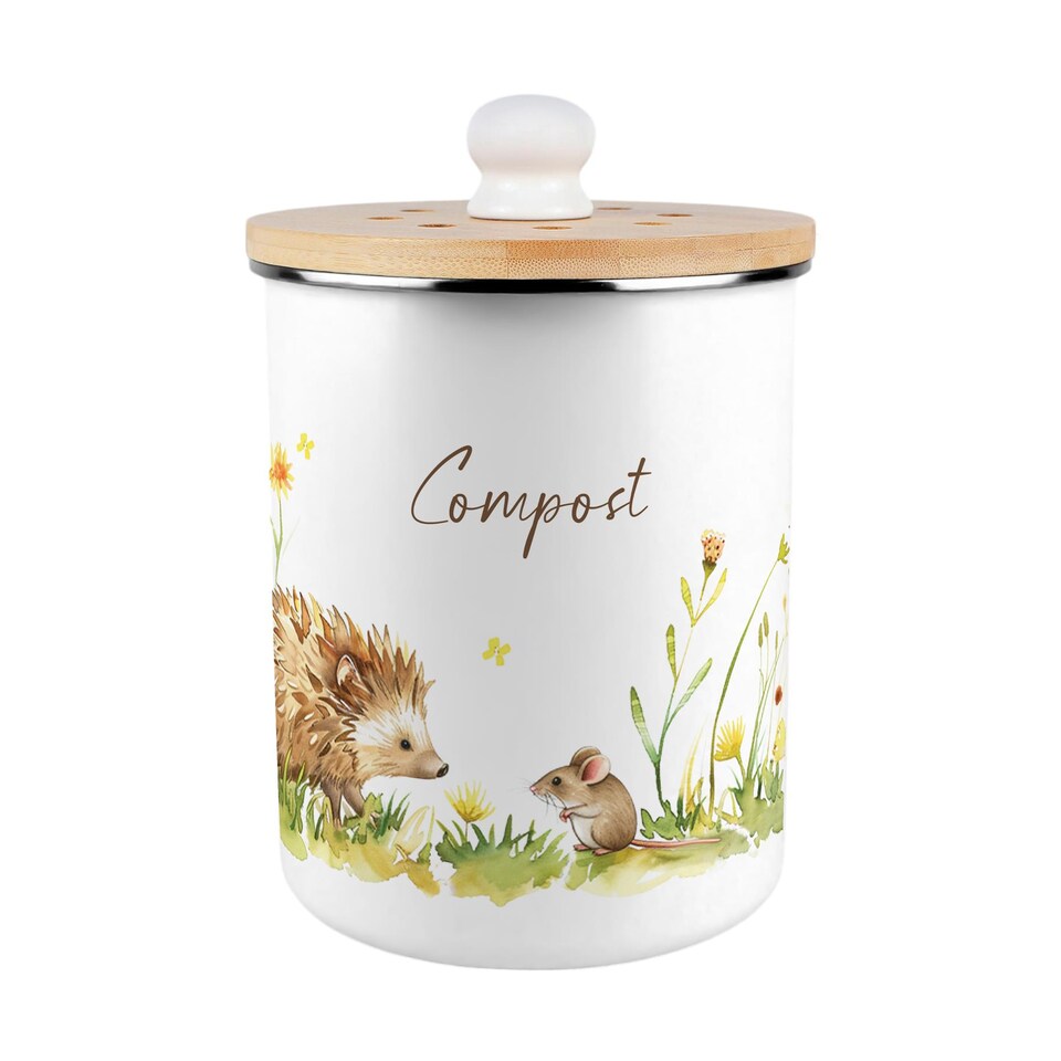 image 1 of Hedgehog & Mouse Compost Caddy - Metal 2L Decorative Kitchen Food Waste Bin