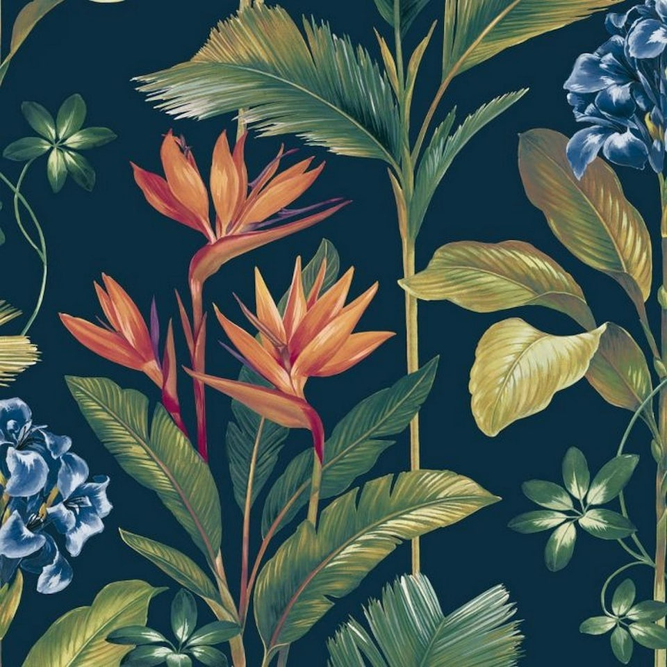 image 1 of Belgravia Oliana Floral Wallpaper - Navy/Green - 10m x 53cm | Blue