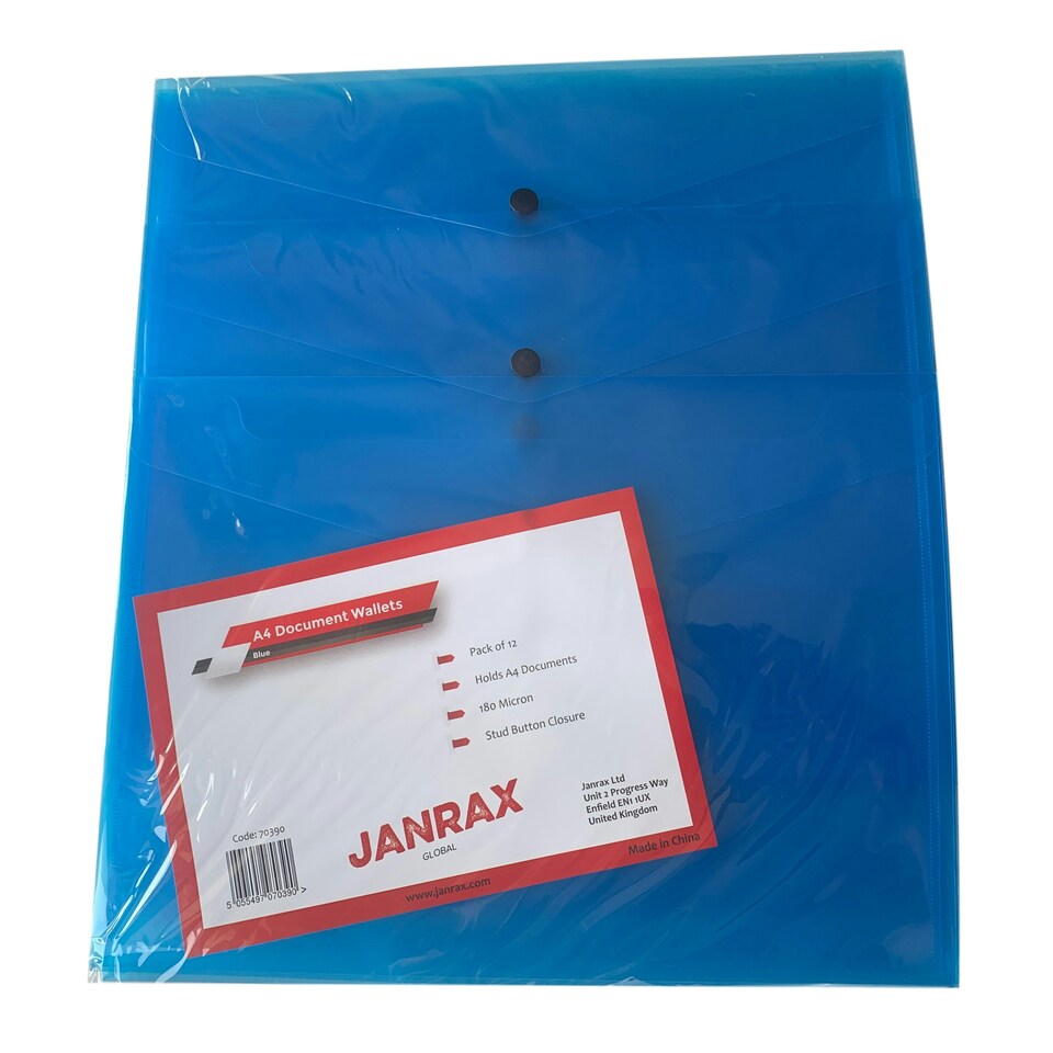 image 1 of Pack of 12 Janrax A4 Blue Document Wallets - Button Stud Folder