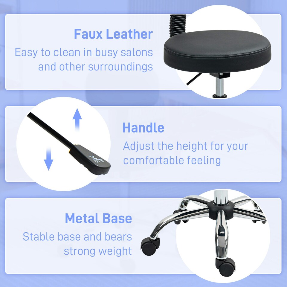 image 1 of HOMCOM Rolling Stool with Backrest, Wheels, Faux Leather Salon Chair Black