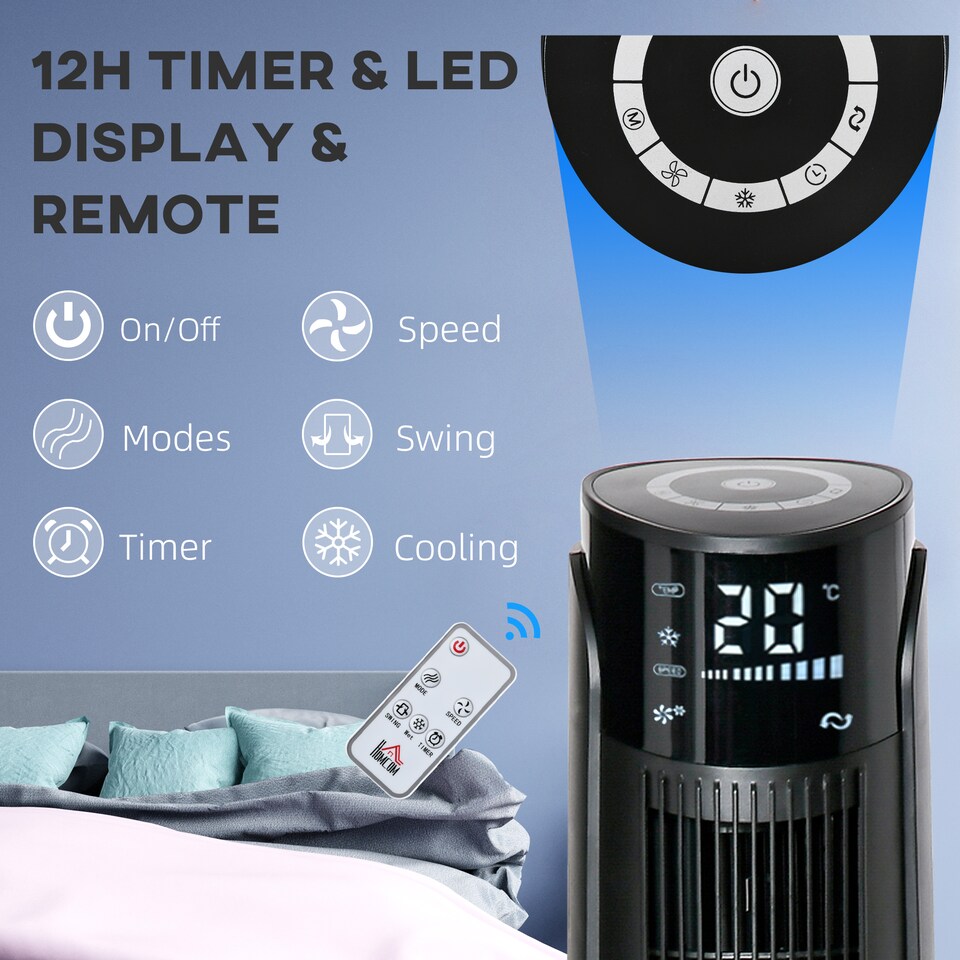 image 1 of HOMCOM 2.8L 2-in-1 Evaporative Air Cooler, Portable Tower Fan with 4 Modes, 3 Speed, Remote Control, 12H Timer, Oscillating for Home Bedroom, Black