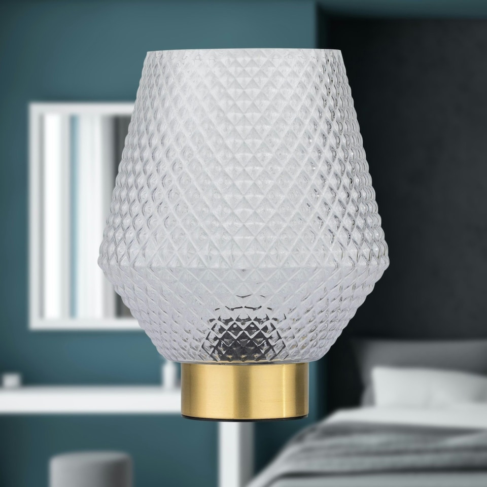 image 1 of Set of 2 Porter - Battery Operated Satin Brass Lamps Clear Tex Glass Bronze | Clear