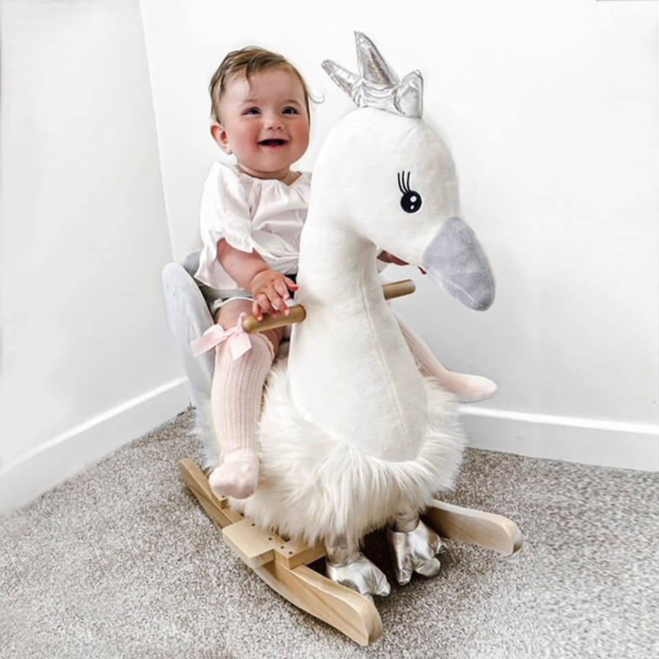 image 1 of HOMCOM Kids Rocking Horse, Children Plush Ride On Swan Animal Rocker with Sound, Wood Base Seat, Safety Belt, Baby Toy Rocker for Toddler 18 - 36 Months, White and Grey