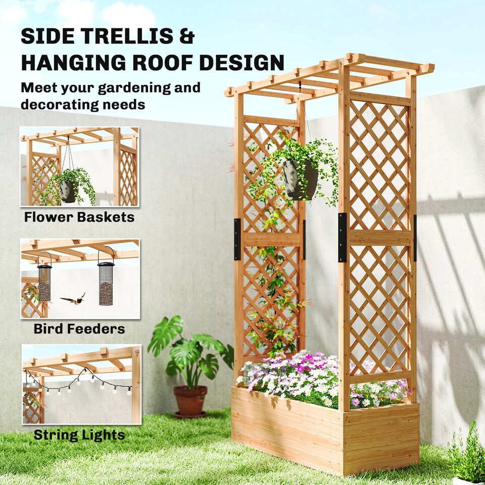 image 1 of Outsunny Raised Bed for Garden with Trellis, 110 x 44 x 181 cm, Natural | Brown