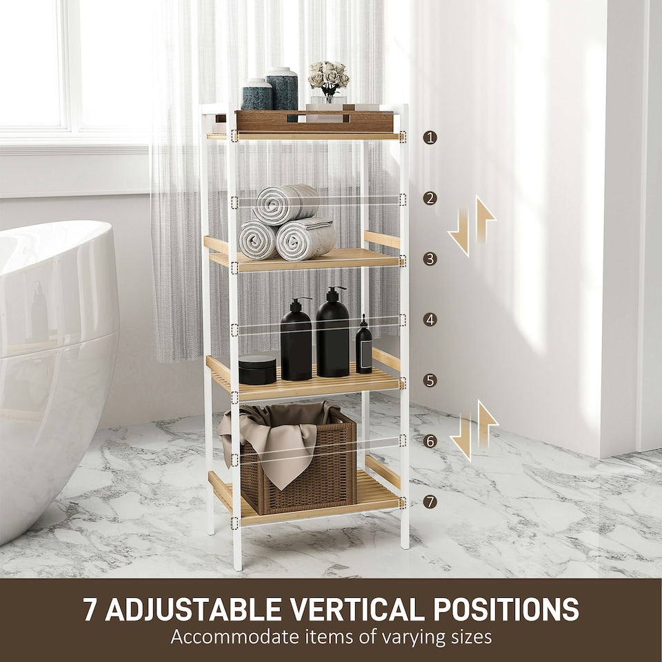 image 1 of HOMCOM 4-Tier Bamboo Bathroom Shelf with Adjustable Rack, Natural, White