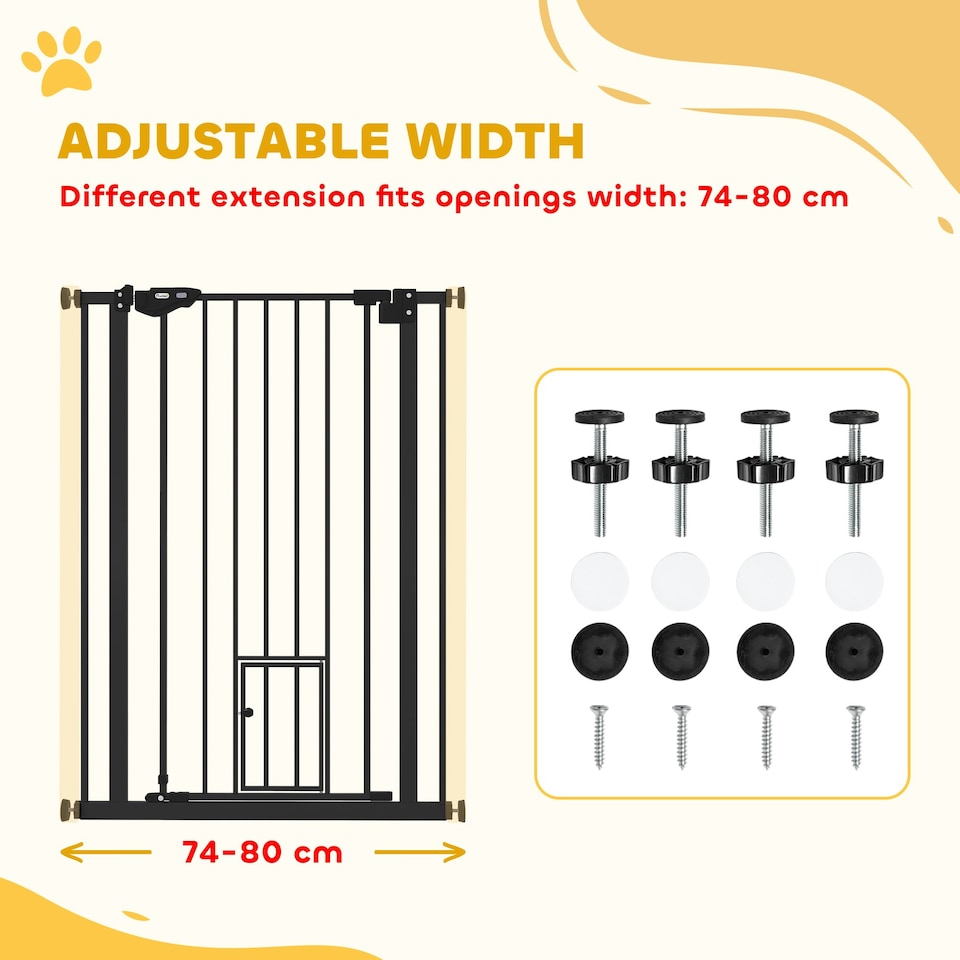 image 1 of PawHut Extra Tall Dog Gate with Cat Door Auto Close for Stairs 74-80 cm Wide