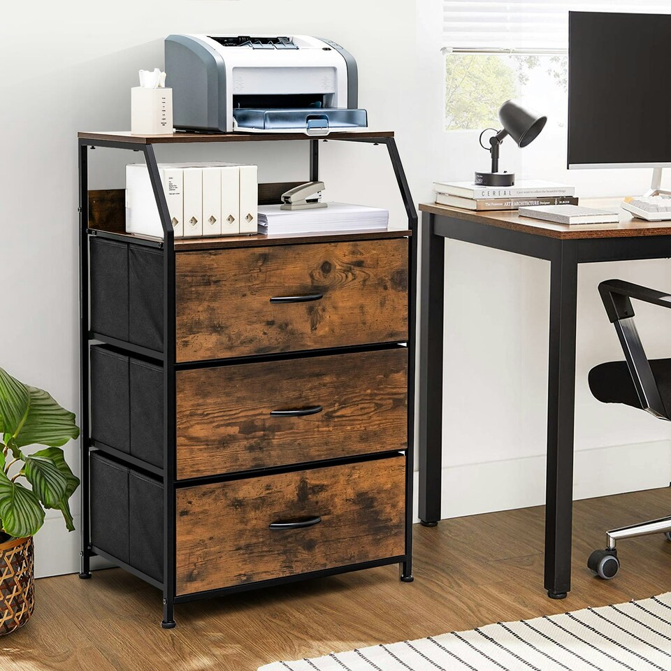 image 1 of COSTWAY 3-Drawer Storage Cabinet Dresser Organizer W/ Shelf Brown