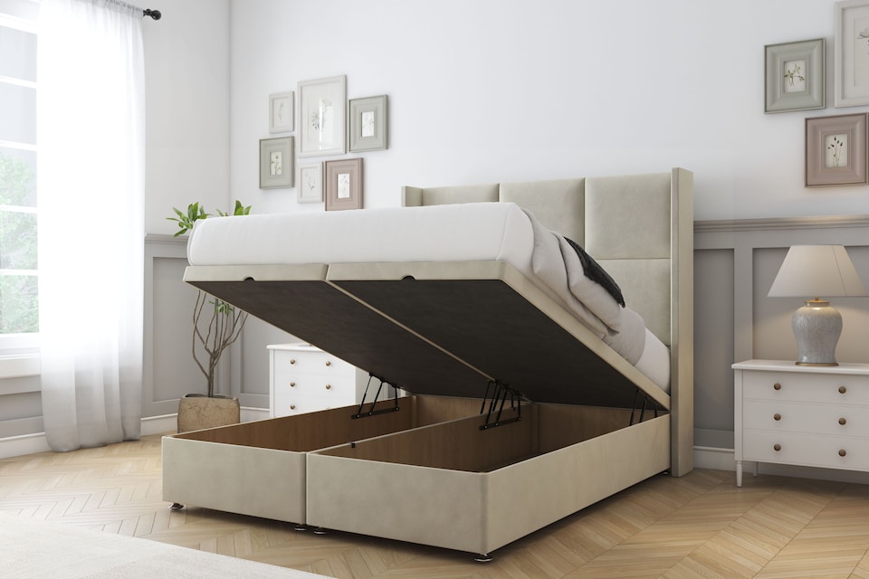 image 1 of Sloomy Beaumont Cream Plush Ottoman Bed With Mattress With 54" Wingback Headboard 6' Super King