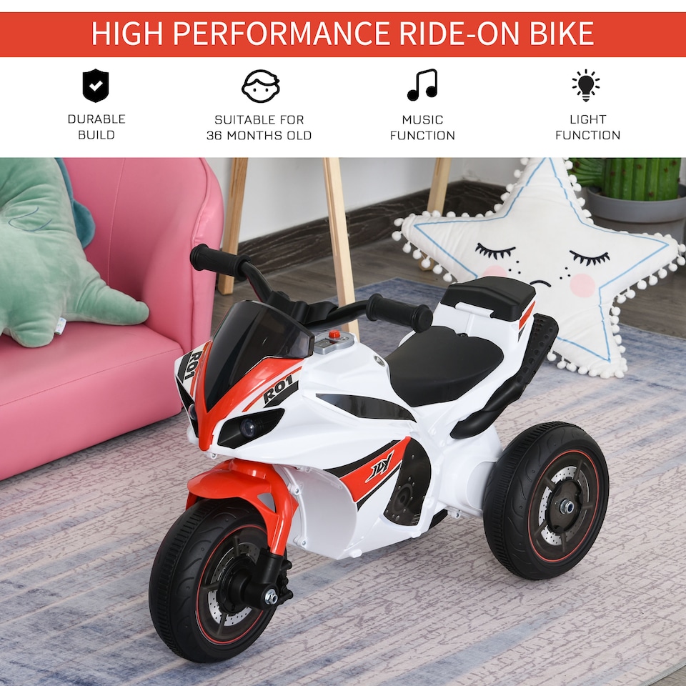 image 1 of HOMCOM Kids Ride-On Police Bike 3-Wheel Vehicle with Music Lights Safe Seat Handlebars Toddler NO POWER Child Learning Fun Development 18-36 Months White