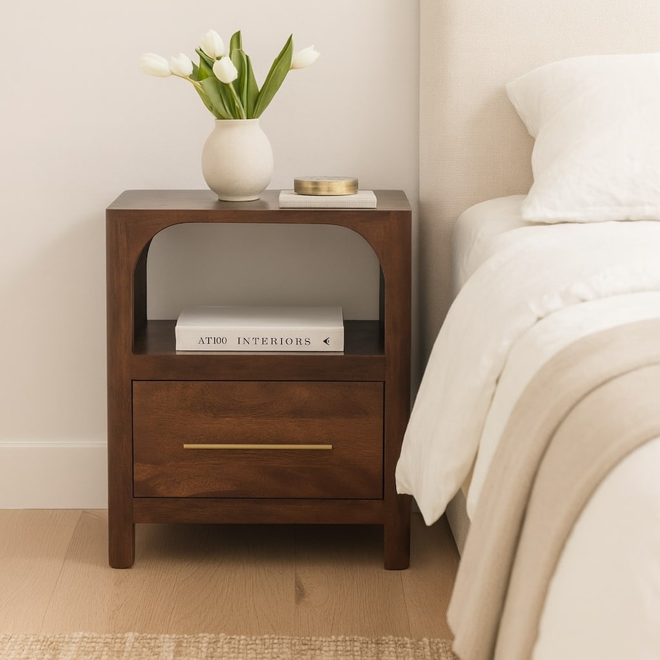 image 1 of Artisan Furniture Solid Wood Arc-Line Bedside Table, 1 Drawer & 1 Open Slot, Brown