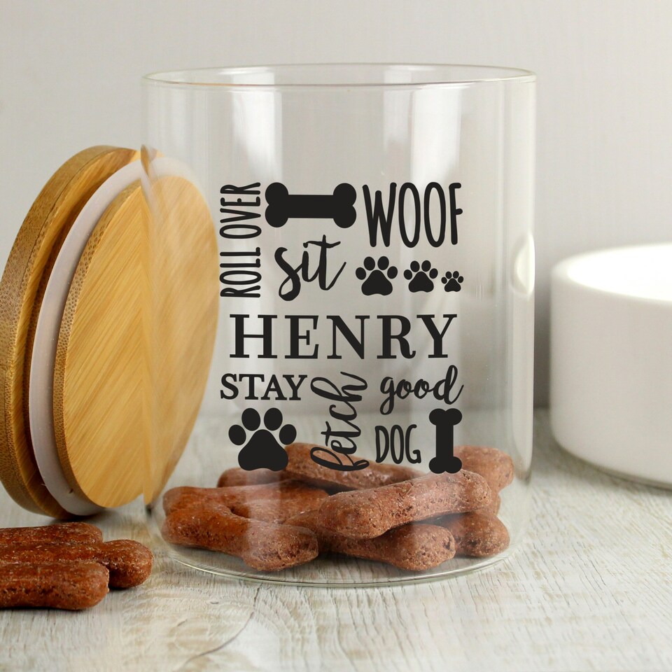 image 1 of Personalised Glass Dog Treat Jar with Bamboo Lid
