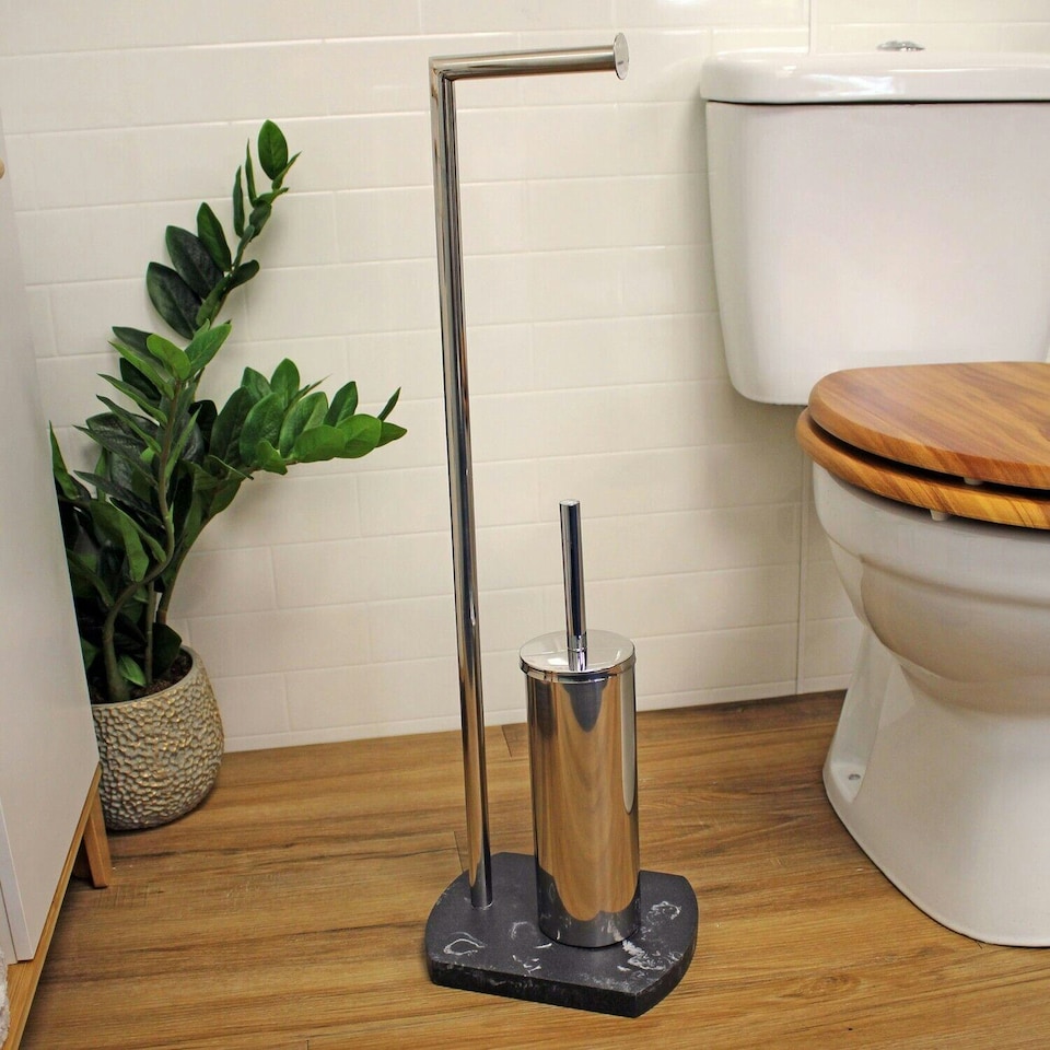 image 1 of Showerdrape Octavia Grey Marble & Chrome Toilet Roll Holder & Toilet Brush Combination