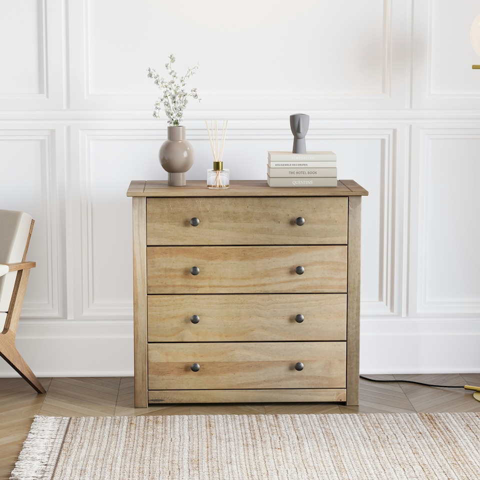 image 1 of Vida Designs Panama 4 Drawer Chest of Drawers Storage, Solid Pine Wood