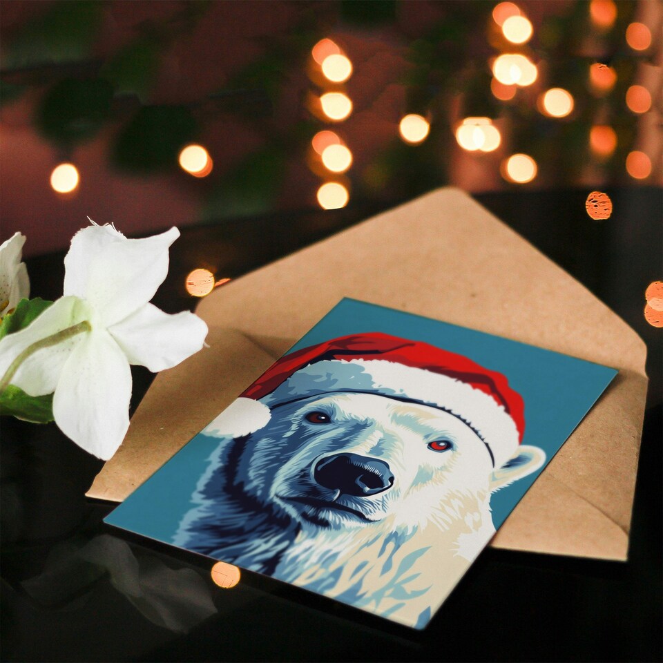 image 1 of Polar Bear With Santa Hat Blue Red Blank For Him Or Her Art Xmas Festive Christmas Card